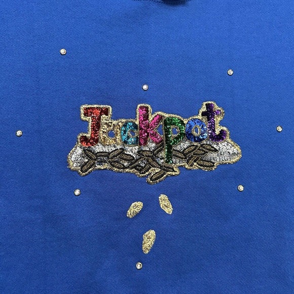 Vintage Jostens Sportswear Jackpot Sweatshirt Large Blue Sequins Casino USA 90s - Picture 7 of 12